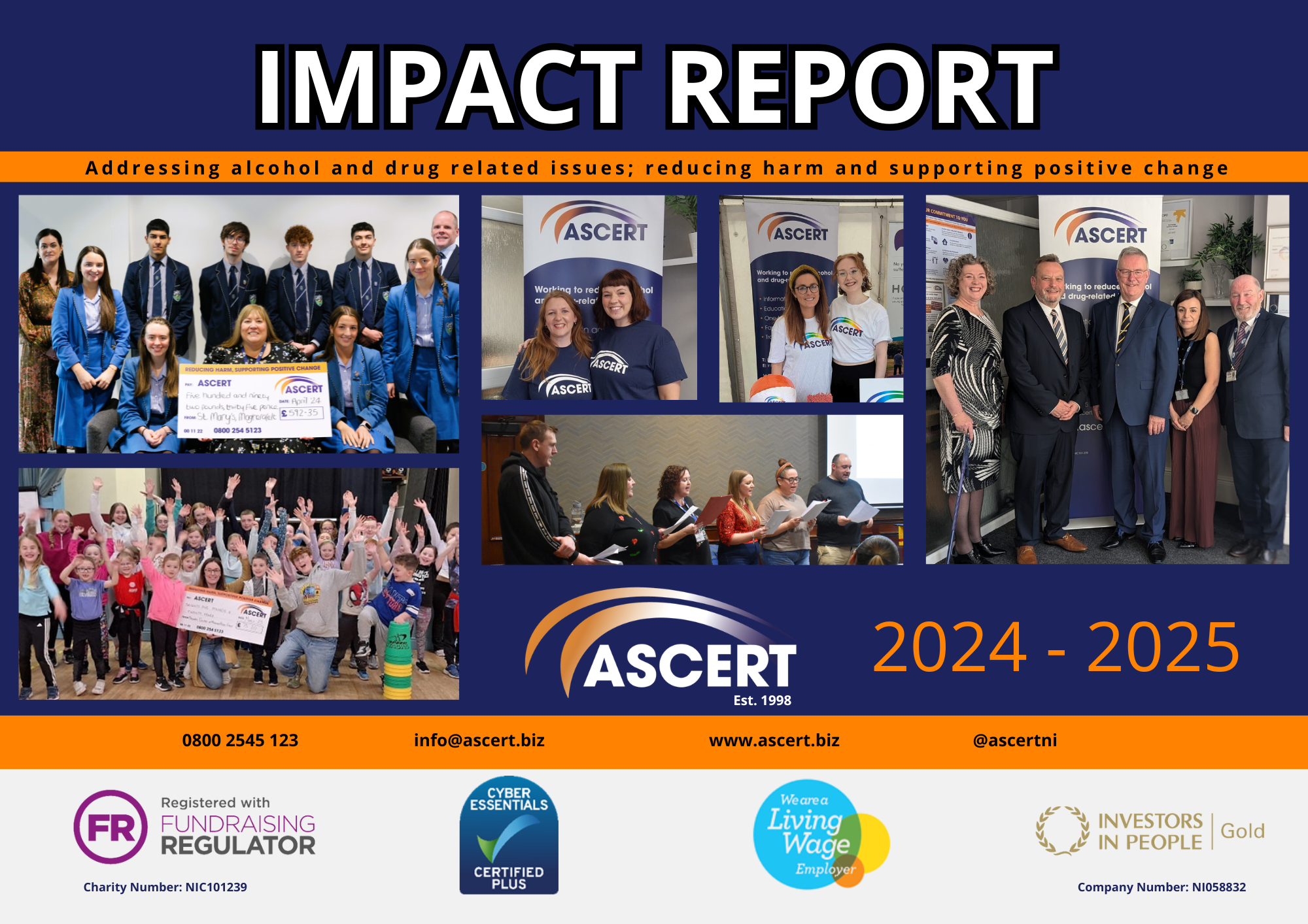 Impact Report 202425 ASCERT's Impact Report Cover Page with images of ASCERT staff at different events such as Pride, Health Minister visit, School visits, Recovery Choir and fundraising activities.